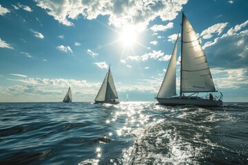 Sailboat regatta sails in the wind in the sea with blue sky