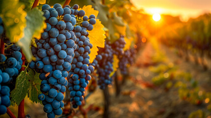 As harvest time approaches the grapevines under a setting sun reveal a vivid display of electric blues - obrazy, fototapety, plakaty