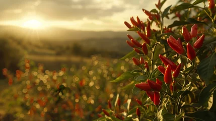Fotobehang Lush Calabrian chili pepper plants in Italy, showcasing vibrant red ripe chili peppers ready for harvest under the Mediterranean sun. © TensorSpark