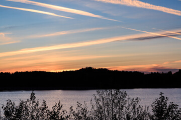 Pink sunset in summer, grass, nature, lake, water, no one, clouds, landscape.