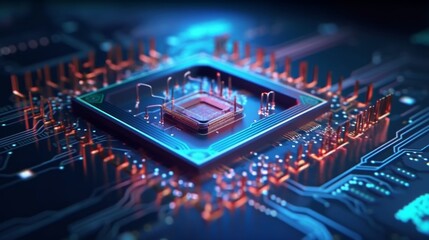 AI chip. Artificial intelligence circuit line style. Smart network digital technology