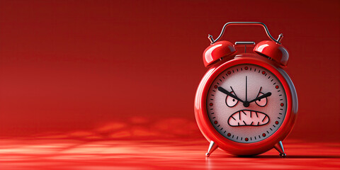 Cartoon character angry sad alarm clock on a red isolated background with copy space. Deadline - obrazy, fototapety, plakaty