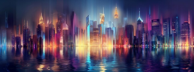 Fototapeta premium Colorful artistic cityscape illustration, Artistic city skyscape vector image, Vibrant and colorful night city skyline with tall buildings or skyscrapers and reflection in the water, AI Generated