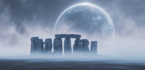Giant planet over famous Stonehenge ancient mystery site in England UK.