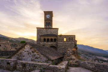 Beautiful clock tower in the castle in Gjirokaster, Albania - obrazy, fototapety, plakaty