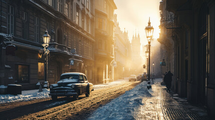 Vintage car in the street of Prague in winter. Czech Republic in Europe.