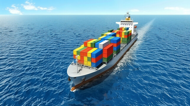 International container ship with cargo in the ocean. Import, export and business logistics. 
