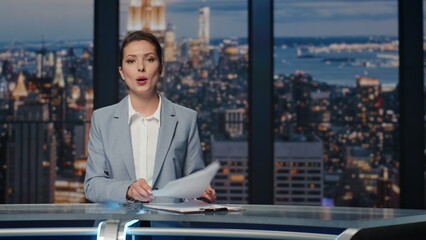 Happy woman ending news evening tv studio closeup. Lady announcer leaving stage