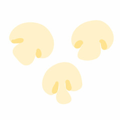 Fresh cut champignons mushrooms. Vector illustration in hand drawn cartoon flat style isolated on white background. Food, cooking. For menu, ingredient, posters, logo, restaurant, food delivery.