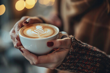 Close-up photo of girl's hands holding cup of coffee with beautiful pattern on top. The concept of...