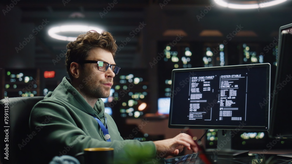Poster software engineer looking monitors in monitoring office closeup. analyst typing