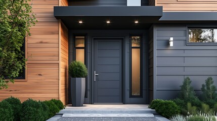 Obraz premium a visual concept of a modern dark grey farmhouse door surrounded by wood and vinyl siding