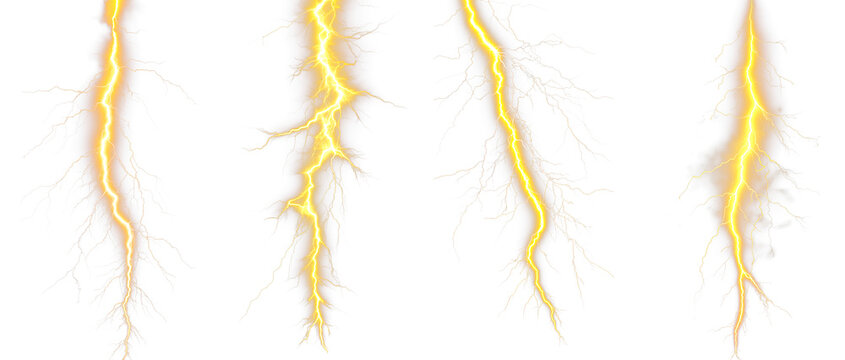 Yellow Lightning Bolt Strike Set. Isolated Transparent Background. Zeus, God, Jupiter, Thor, Mythology Concepts. Shock And Energy Glow. Fractal Light Burst Flair. Fantasy Glowing Transparent PNG. 