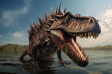 Close-up view of a Baryonyx dinosaur in water in prehistoric environment. Photorealistic.
