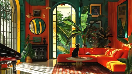an AI-generated visual masterpiece that portrays the serene atmosphere of a Tulum family room with a Balinese Kucing Cat, emphasizing smooth lines and intricate interior design , Attractive look