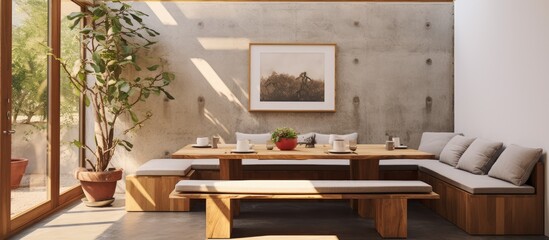 Modern dining area featuring a wooden table and concrete block bench with pillows under a large skylight.