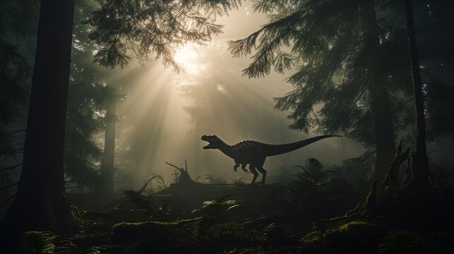 Dinosaur stands in sunny prehistoric forest. Photorealistic.