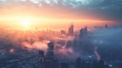 Cold winter sunrise with heavy snow of a futuristic city with modern skyscraper buildings.