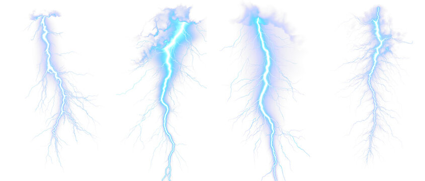 Blue Lightning bolt strike set. Isolated transparent background. Zeus, God, Jupiter, Thor, mythology concepts. Shock and energy glow. Fractal light burst flair. Fantasy glowing transparent PNG. 