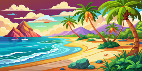 Fototapeta na wymiar Tropical beach with palm trees and sand. Seascape with ocean and mountains. Vector cartoon illustration