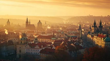 Zelfklevend Fotobehang Aerial view of beautiful historical buildings of Prague city at sunrise in Czech Republic in Europe. © rabbit75_fot