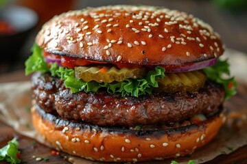 Appetizing burger composition highlighting the artistry of culinary craftsmanship