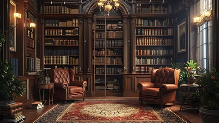 a visual representation of a timeless home library through AI, featuring opulent mahogany bookshelves  - obrazy, fototapety, plakaty