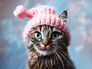 Portrait of blue eyed cat in a pink knit cap with blurred blue background