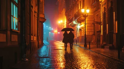 Fotobehang Silhouette of a couple in love in street with historic buildings in the city of Prague, Czech Republic in Europe. © rabbit75_fot