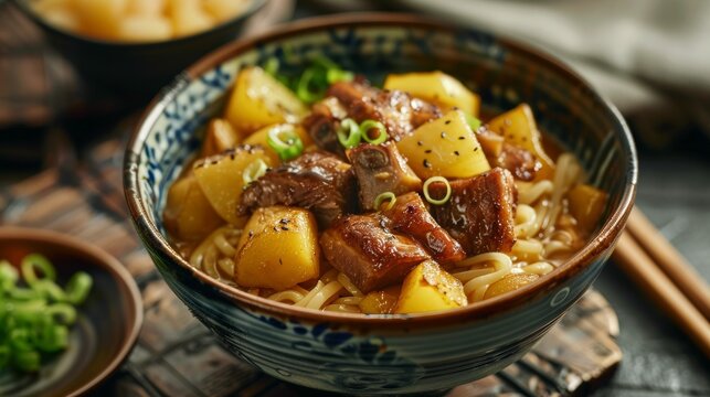 A Chinese-style image of potato and rib noodles for a baby food recipe, with a backdrop that beautifully incorporates traditional Chinese design elements
