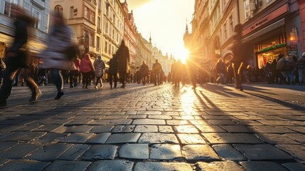 Low angle view of street with historical buildings in Prague city in Czech Republic in Europe. - obrazy, fototapety, plakaty