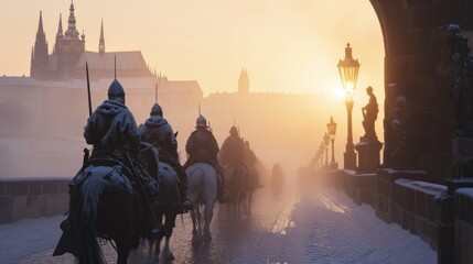A team of medieval cavalry in armor on horseback marching in Prague city in Czech Republic in Europe. - obrazy, fototapety, plakaty