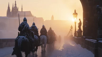 Rolgordijnen A team of medieval cavalry in armor on horseback marching in Prague city in Czech Republic in Europe. © rabbit75_fot