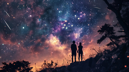 Silhouetted couple holding hands under a mesmerizing night sky filled with stars, nebulae, and shooting stars.
