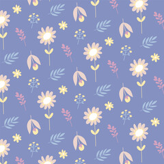 Fototapeta na wymiar Cute spring floral pattern on blue background. Seamless vector texture for textile and prints.
