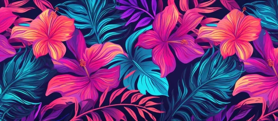 Tuinposter Roze Tropical seamless pattern with palm leaves and ethnic aloha rapport.