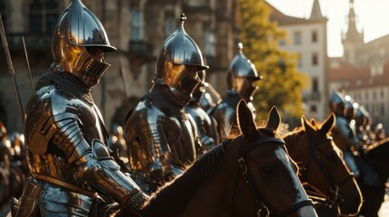 A team of medieval cavalry in armor on horseback marching in Prague city in Czech Republic in Europe.