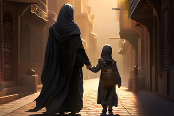 Uma mãe muçulmana, caminhando por uma rua da cidade, ao entardecer, de mãos dadas com sua filha,