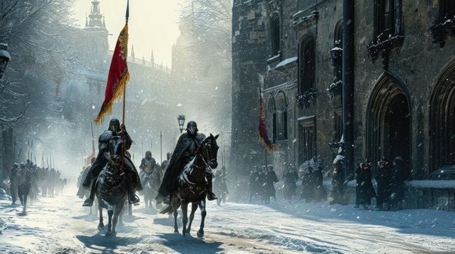 A team of medieval cavalry in armor on horseback marching in Prague city in Czech Republic in Europe.