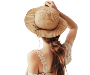 Rear behind view studio photo portrait of attractive lovely sweet cute lady looking into distance far isolated on transparent background copy space