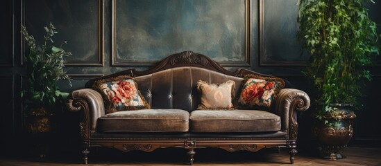 Vintage sofa in close-up view with interior decoration background in vintage style.