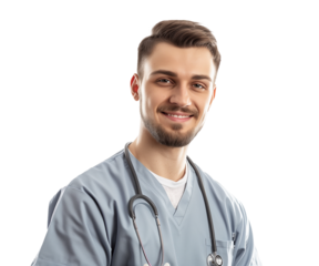 Healthcare, medical staff concept. Portrait of smiling male doctor posing with folded arms on transparent background, free space. Professional general practitioner.