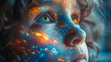 Close Up portrait of a beautiful girl with blue eyes and bright makeup - obrazy, fototapety, plakaty