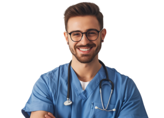 Healthcare, medical staff concept. Portrait of smiling male doctor posing with folded arms on transparent background, free space. Professional general practitioner.