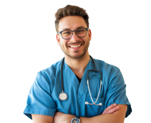 Healthcare, medical staff concept. Portrait of smiling male doctor posing with folded arms on transparent background, free space. Professional general practitioner.