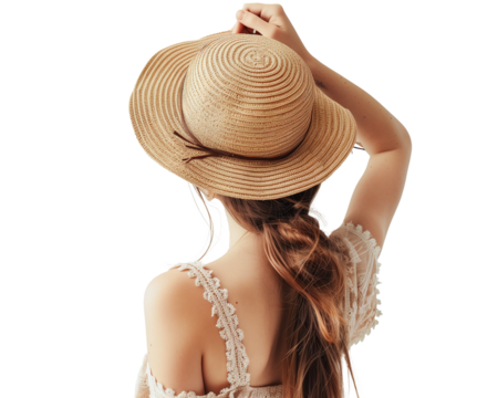 Rear behind view studio photo portrait of attractive lovely sweet cute lady looking into distance far isolated on transparent background copy space