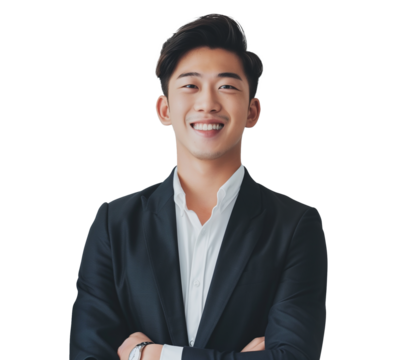 Handsome asian man in black suit smiling isolated on transparent background