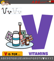 letter V from alphabet with vitamins diet supplement
