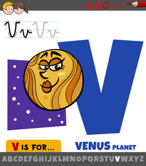 letter V from alphabet with venus planet comic character