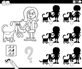 shadow game with cartoon girl and her pet dog coloring page